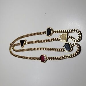 1980s Monet Signed Modernist Gold Tone Enamel Necklace Red Black Yellow Chunky